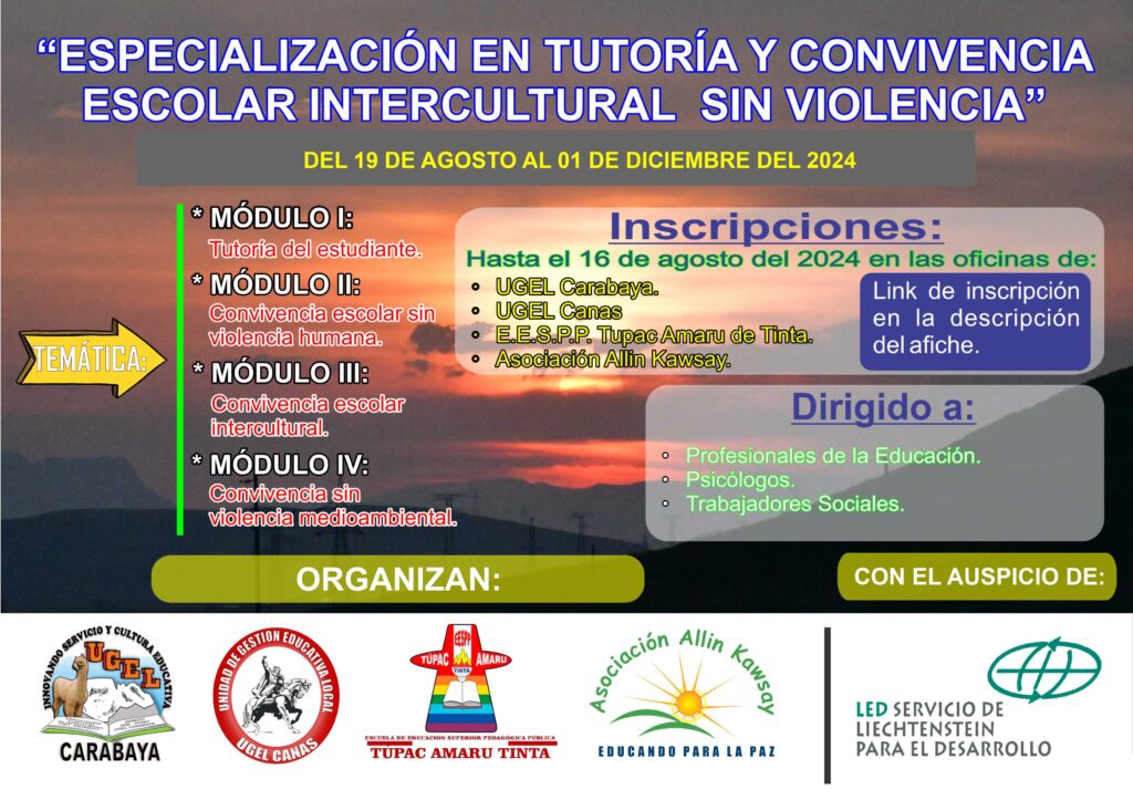 "ESPECIALIZACIÓN EN TUTORÍA Y CONVIVENCIA ESCOLAR INTERCULTURAL SIN VIOLENCIA" 4 afiche 1 curso virtual 2024 1